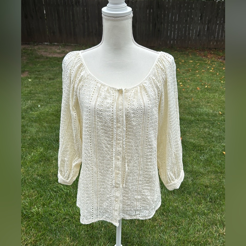 Joie ivory cotton eyelet 3/4 balloon sleeve button up blouse S